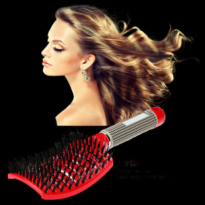 Detangle hairbrush with a woman's hair and promotional text on a dark background